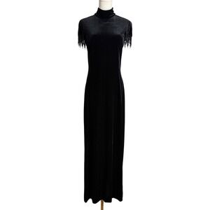 Vintage Black Velvet Fringe Evening Dress Size 10 Open Back Maxi Goth Glam